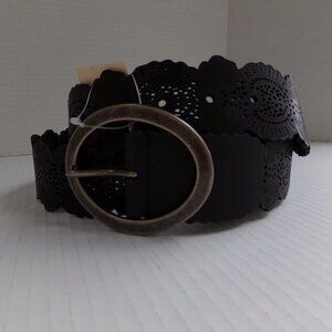 NWT New Women's Coldwater Creek Leather Belt Black Eyelet Lace Look Large